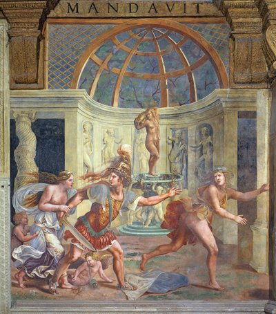 Venus, Whose Pricked Foot Stains the Petals of a Rose Red, with Mars Who Pursues Adonis with an Unsheathed Sword from the Sala di Amore e Psiche, 1528 by Giulio Romano